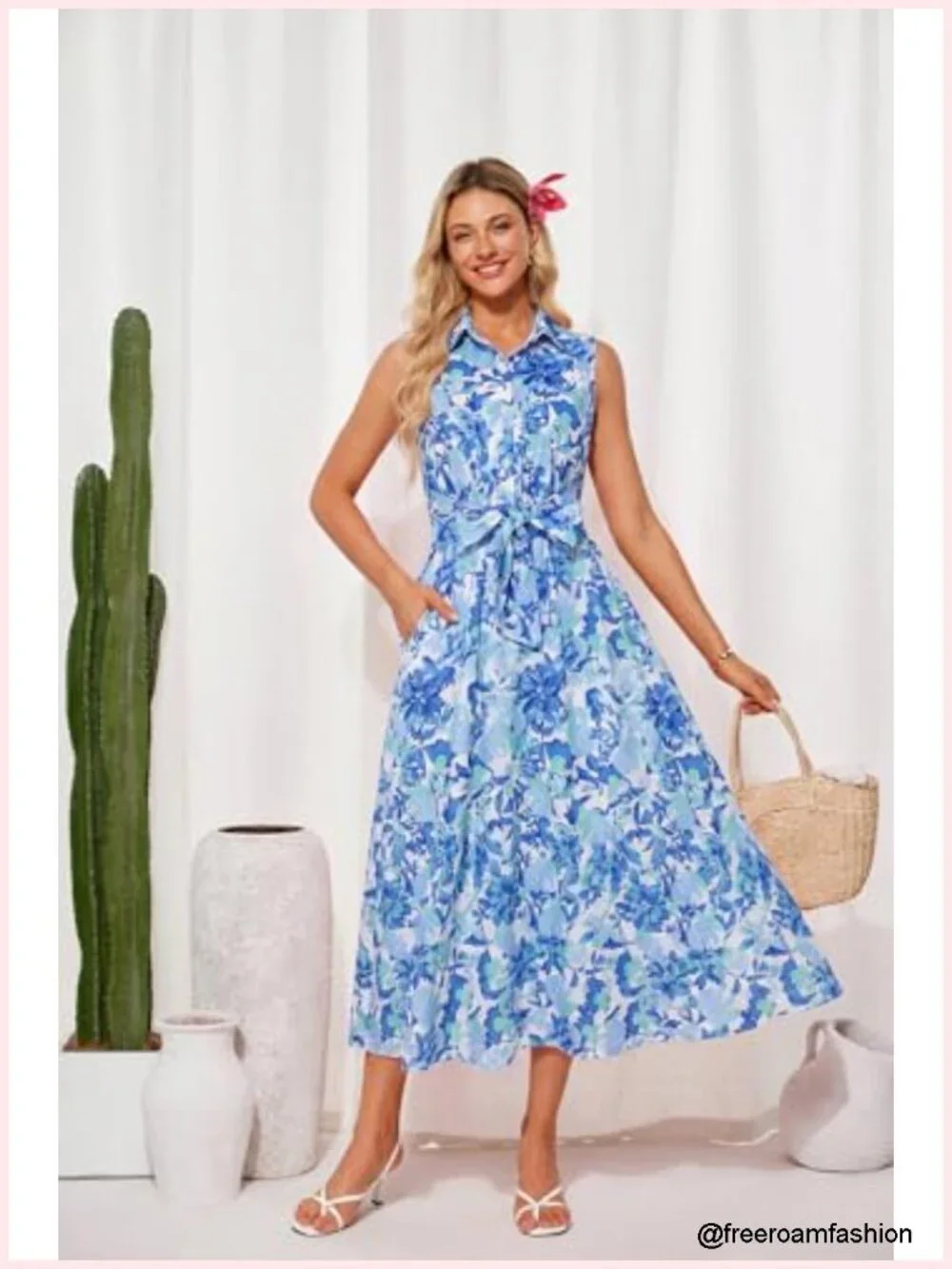 Sleeveless Floral Flowy A-Line Midi Dress with Pocket and Tie Belt
